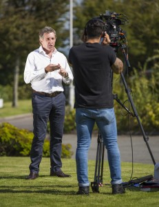 Welsh rugby legend Jonathon Davies is filmed as part of the campaign to raise awareness about lung cancer in Wales. 
