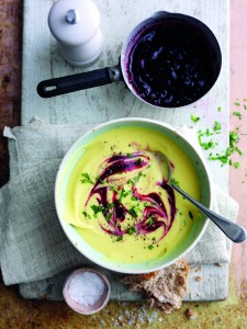 Roasted Sweet Potato Soup with Blackberry and Basil Sauce